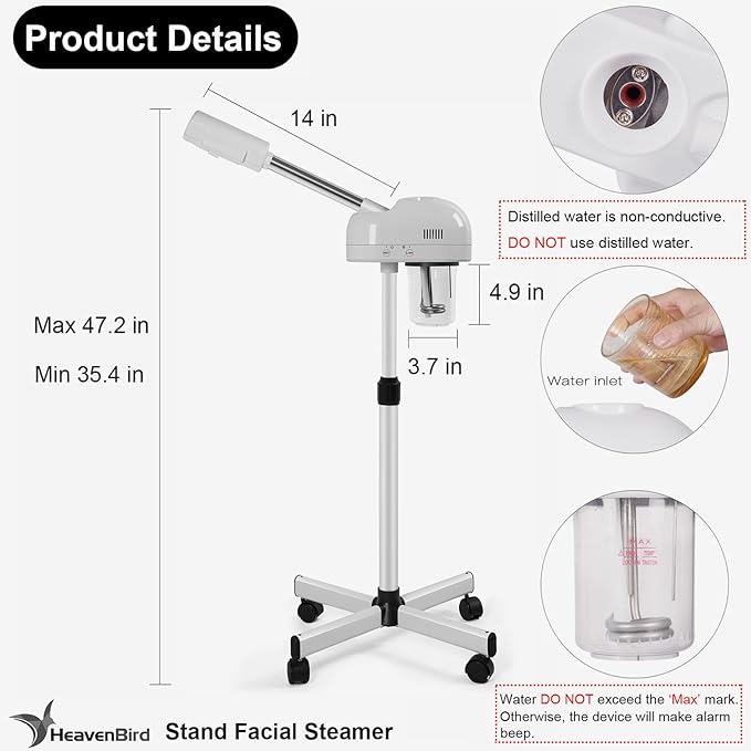 Stand Professional Ozone Facial Steamer with Touch Control, Adjustable Height & Rolling Base, 360° Rotatable Nozzle, Hot Mist Function, Use for Home, Salon SPA (White)-Velvo Beauty