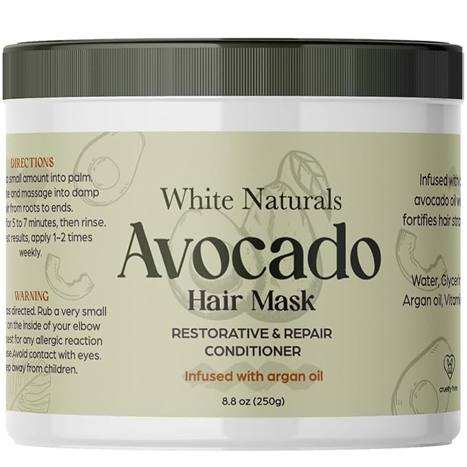 White Naturals Avocado Hair Mask Infused with Biotin for Growth and Volume, Deep Conditioning Cream for Healthy Hydrated Thick Hair, Nourishing Avocado Oil Cream to Help Restore Damaged Tips-Velvo Beauty
