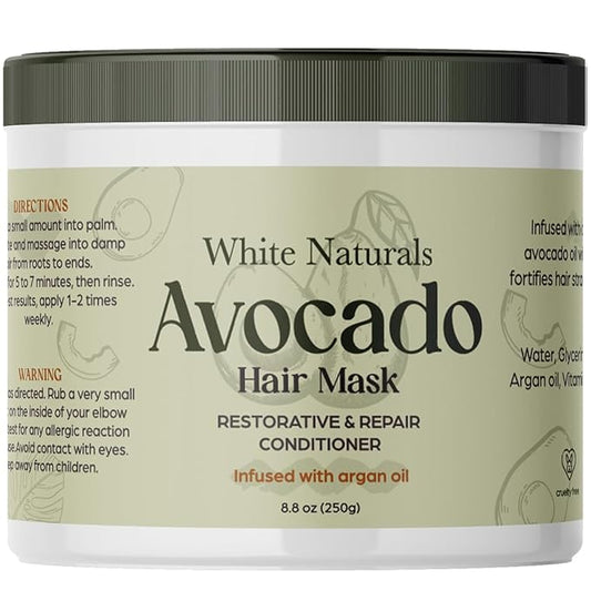 White Naturals Avocado Hair Mask Infused with Biotin for Growth and Volume, Deep Conditioning Cream for Healthy Hydrated Thick Hair, Nourishing Avocado Oil Cream to Help Restore Damaged Tips-Velvo Beauty