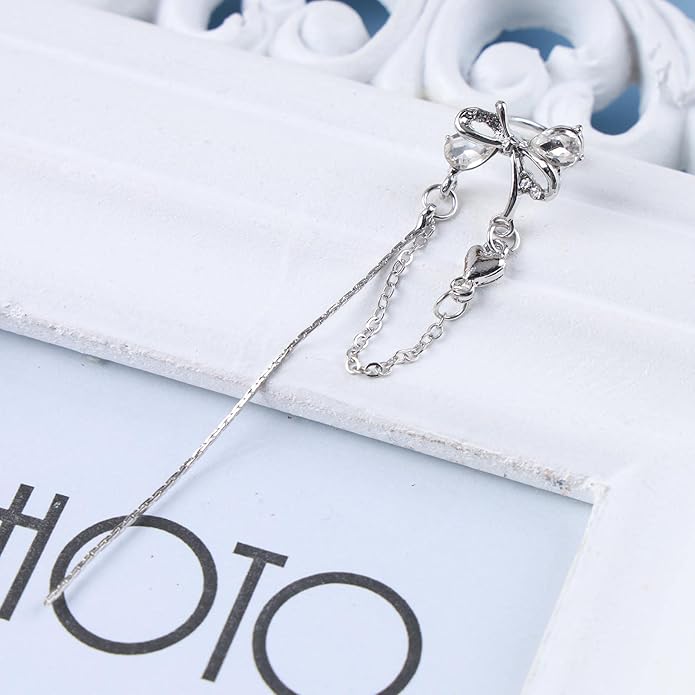 Vintage Crystal Bow Ear Cuff Earrings Rhinestone Bow Cuff Earrings Silver Long Chain Tassel Earrings Cz Chain Dangle Earrings Jewelry for Women-Velvo Beauty