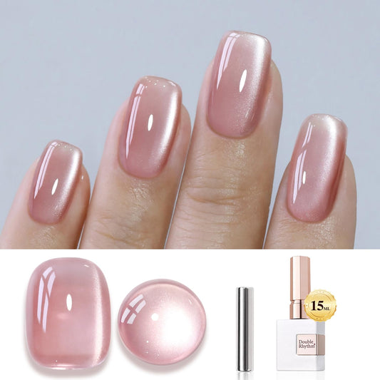 Double Rhythm Jelly Glass Cat Eye Gel Polish with Magnet 15ML Holographic Glitter Shimmer Translucent Sheer Color Magnetic Polish Salon DIY at Home (Jelly Pink Orange-MC1102)-Velvo Beauty