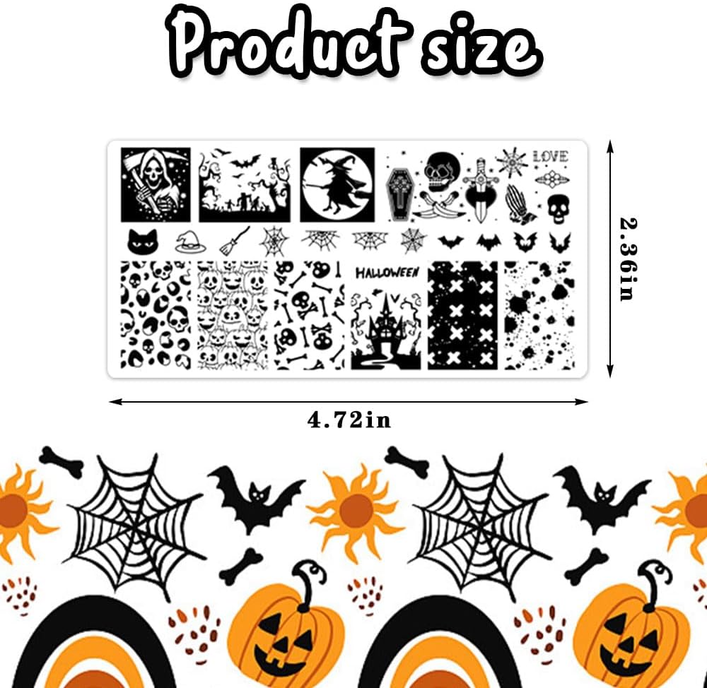 ALIBBON 6 Pcs Halloween Nail Stamping Plates Set, Halloween Background Nail Art Stamp Templates, Pumpkin Face Skeleton Stamp Templates Kit, Spider Web Ghost Metal Nail Plates for DIY Printing Decor-Velvo Beauty