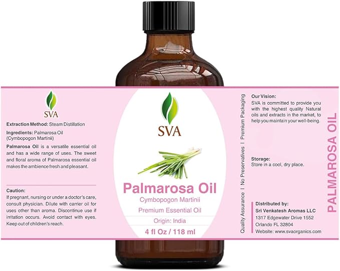 SVA Palmarosa Essential Oil – 4 Fl Oz – 100% Natural Palmarosa Oil - for Diffuser, Hair Care, Face, Skin Care, Aromatherapy, Scalp and Body Massage, Soap and Candle Making – with Dropper-Velvo Beauty