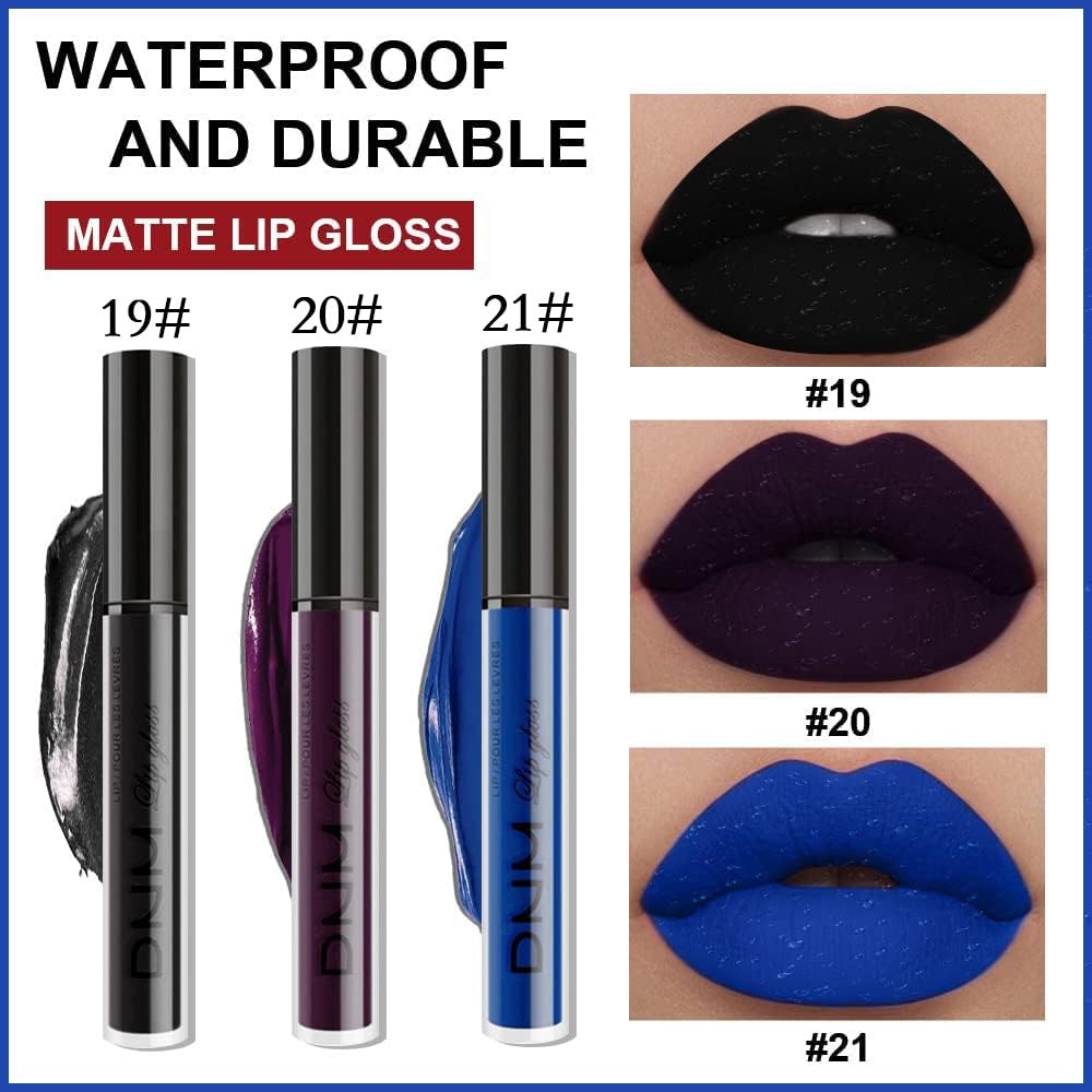 evpct 3Pcs Dark Black Purple Blue Matte Liquid Lipstick Halloween for Women Long Lasting Smudge Proof Black 24 Hours Original Lip Liner and Lipstick Stain Makeup Set labial mate larga duracion 24-Velvo Beauty