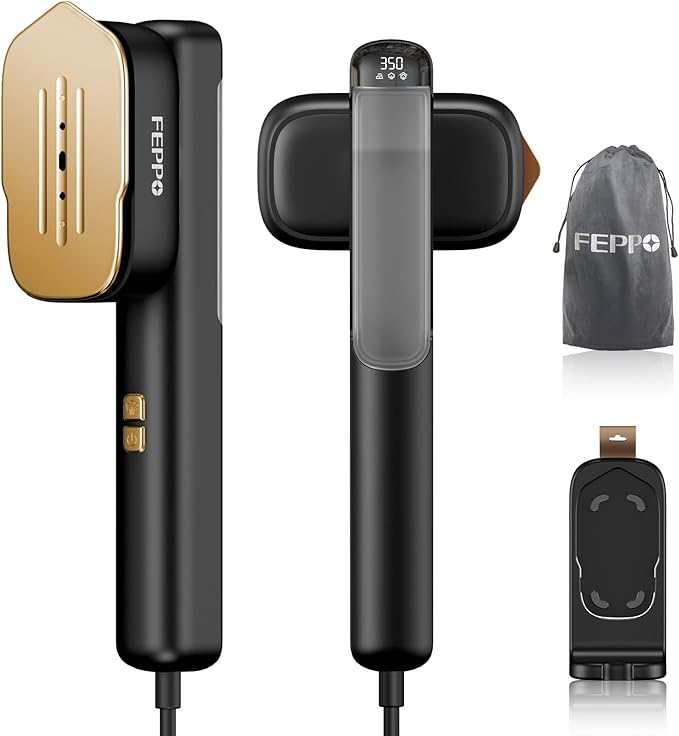 FEPPO Travel Steamer for Clothes, 110-240V Dual Voltage Portable Mini Steamer & Iron 2in1, 1100W Powerful Garment Steamer, Fast Heat Up, Travel Size, HD Display, for Home & Global & Europe Travel-Velvo Beauty