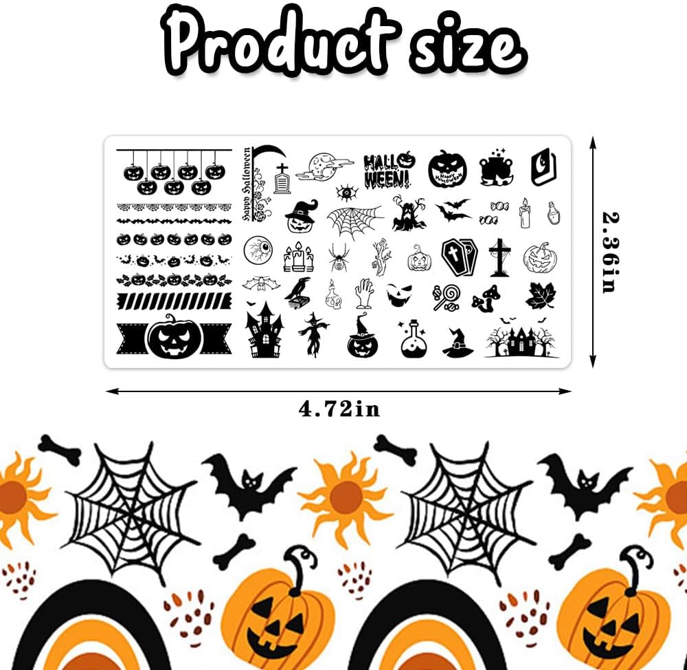 ALIBBON 6 Pcs Halloween Nail Stamping Plates Set, Ghost Pumpkin Background Nail Art Stamp Templates, Cat Spider Web Stamp Templates Kit, Castle Grave Metal Nail Plates for DIY Printing Decor-Velvo Beauty