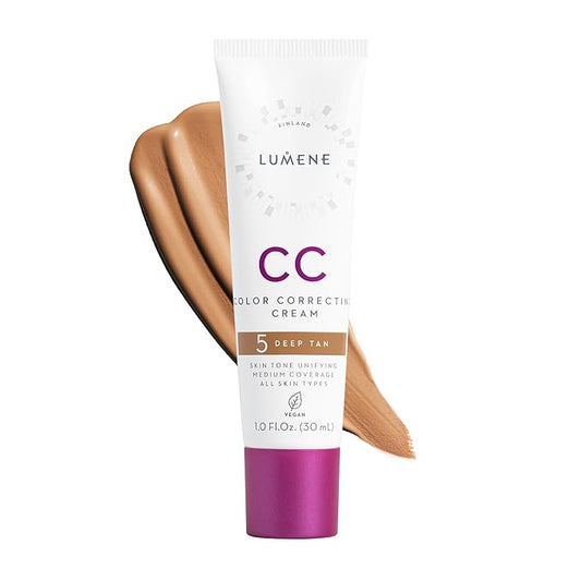 Lumene Color Correcting CC Cream - Lightweight Foundation - Medium Coverage - Redness Reducing Face Makeup for Glowing Complexion - Vegan Formula + Suitable for All Skin Types - Deep Tan (1 fl oz)-Velvo Beauty