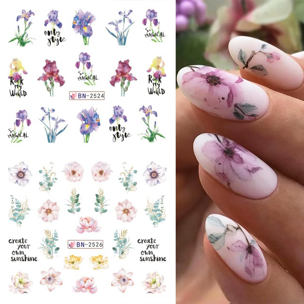 12 Sheets Flower Water Transfer Nail Stickers Purple Fresh Flower Nail Art Decals with Assorted Pattern Blossom Floral Butterfly Dragonfly DIY Nail Art supplies for Women Nail Decorations Manicure Tip-Velvo Beauty
