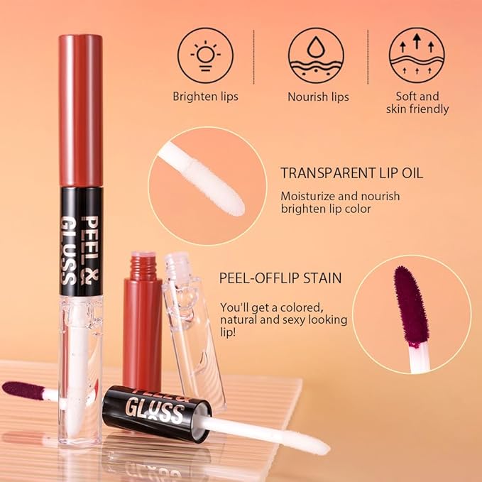 Maroon Lip Stain Peel Off Lip Gloss oil Dual-Ended Combo, Lips Liner Stain Peel Off Tattoo, Long Lasting & Waterproof, Transfer-Proof Lip Tint Stain with Lip oil for All Skin Type 07#-Velvo Beauty