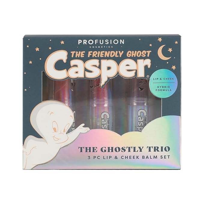 Profusion Cosmetics Casper The Friendly Ghost 3 PC Lip & Cheek Balm Set, Moisturizing Clear Shine Lip Balm and Nourishing Cheek Balm, Unique Makeup Blending Formula, Easy Apply and Long-Lasting Wear-Velvo Beauty