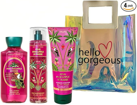 Bath & Body Works - 3 Piece Bundle - Spray - Body Cream - Shower Gel - Full Size and Gift Bag HELLO GORGEOUS (Pink Pineapple Sunrise)-Velvo Beauty