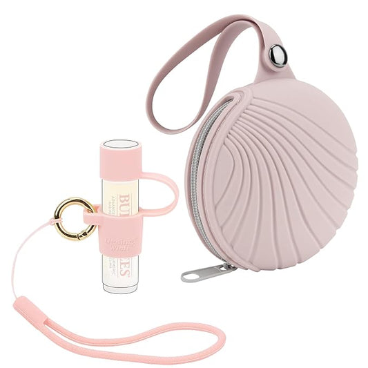 Desing Wish Silicone Lip Balm Holder with Silicone Zipper Pouch, Portable Lip Balm Keychain Sleeve - Silicone Storage Bag for Lip Balms/Small Cosmetics/Earphones/Keys - Pink-Velvo Beauty