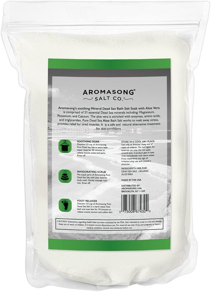 Aromasong Dead Sea Salt with Organic Aloe Vera, Spa Bath Salts, 5 Lbs Fine Bulk resealable Pack, 100% Pure & Natural, Soak for Women & Men for Tired Muscles & Skin Issues (Packaging May Vary)-Velvo Beauty