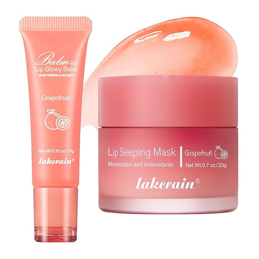 2Pcs Lip Glowy Balm and Lip Sleeping Mask Set, with 4 Flavor Options - Reduce Lip Lines, Enhance Lip Color, Hydrate & Plump Dry Chapped Lips Care (Grapefruit)-Velvo Beauty