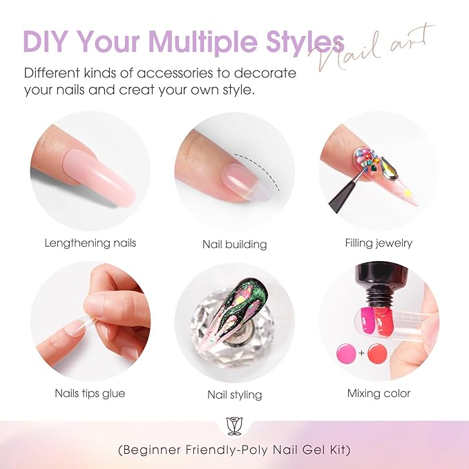 ROSALIND 38PCS Poly Nail Gel Kit with Mini Nail Lamp Neon Blue Poly Extension Gels Kit Hot Pink Nude Poly Nails Set-Velvo Beauty