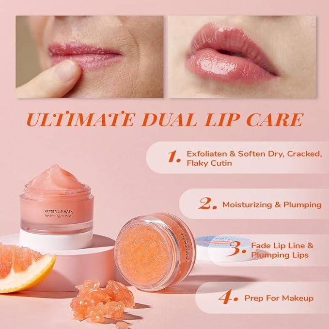 ANAIRUI Lip Mask Set, Lip Exfoliator Scrub & Moisturizer,Grapefruit Lip Care Kits With Lip Sleeping Mask & Sugar Lip Scrub, Lip Overnight Plumper Set for Dry, Chapped Lips-Velvo Beauty