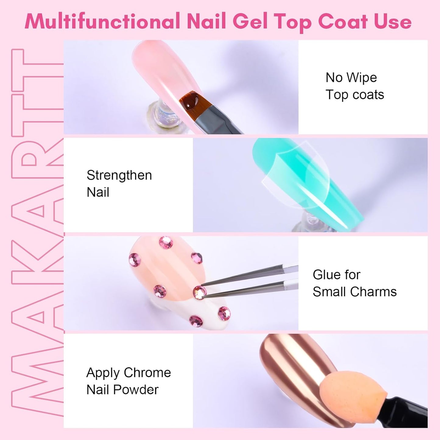 Makartt Hard Gel Top Coat: 3-in-1 Nail Polish Soak-off UV Gel Glossy Finish Long Lasting for Nail Strengthen Nail Charms Rhinestone for Home Salon Manicure Use-Velvo Beauty