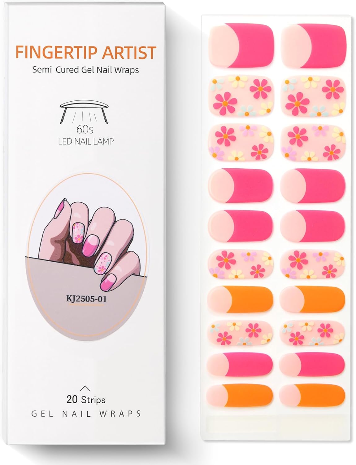 Semi Cured Gel Nail Strips French Tip Nail Stickers with Flower Designs Cute Glossy Gel Stickers Salon Quality & Easy to Use Need UV/LED Light for Women 20 Pcs-Velvo Beauty