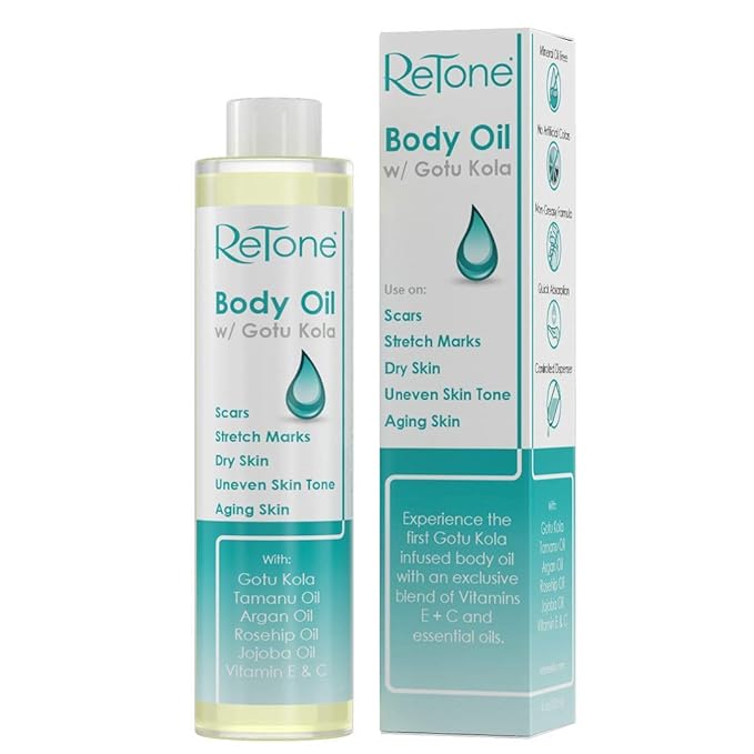 ReTone® Body Oil: Stretch Mark Prevention -Non-greasy finish - Infused with Gotu Kola - No mess dispenser - Tamanu oil + Argan Oil + Rosehip Oil + Jojoba Oil + Vitamin E C (dry skin, uneven skin tone)-Velvo Beauty