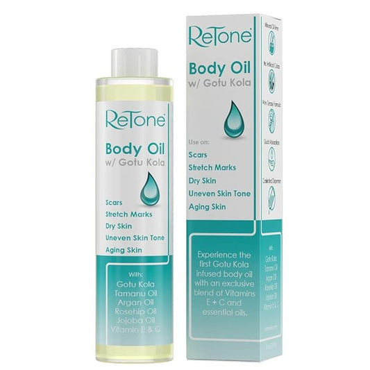 ReTone® Body Oil: Stretch Mark Prevention -Non-greasy finish - Infused with Gotu Kola - No mess dispenser - Tamanu oil + Argan Oil + Rosehip Oil + Jojoba Oil + Vitamin E C (dry skin, uneven skin tone)-Velvo Beauty
