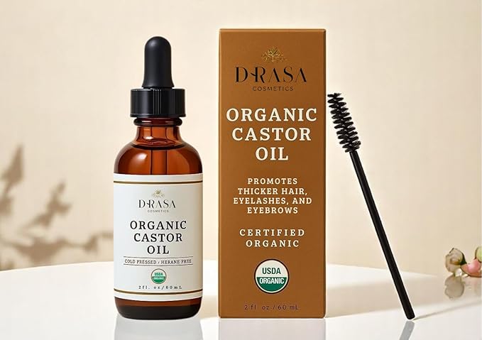Organic Castor Oil– 100% Pure, Extra Virgin (2oz Glass Bottle), Cold-Pressed, Hexane-Free, Promotes Growth of Hair, Eyebrows & Eyelashes, For Castor Oil Packs, With Free Eyebrow Brush-Velvo Beauty