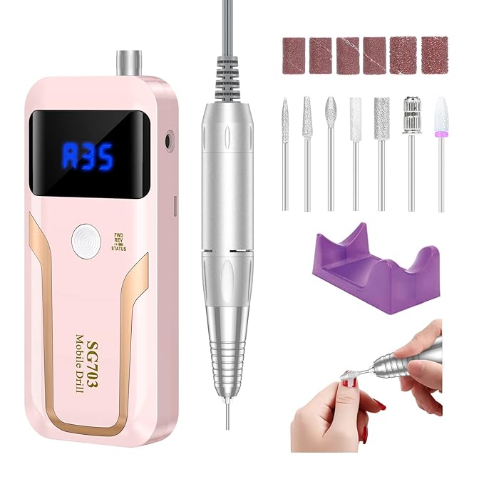 Portable Nail Drill Professional 35000 RPM, MOCOWIND Rechargeable Electric Nail File Machine E File for Acrylic Gel Polishing Removing, Cordless E-File with Bits Kit for Manicure Salon Home,Pink-Velvo Beauty