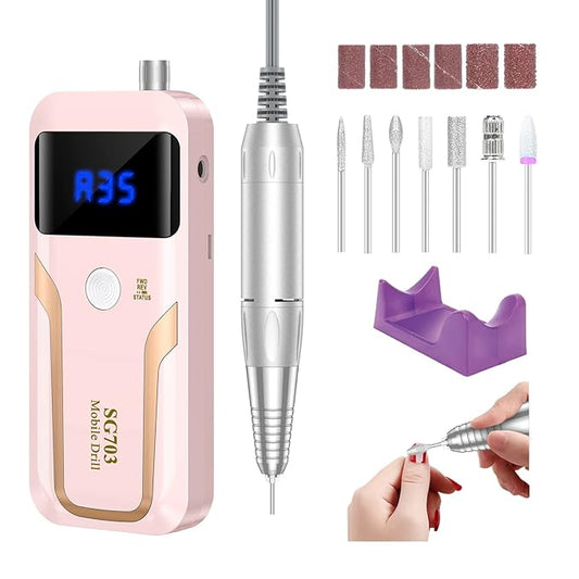 Portable Nail Drill Professional 35000 RPM, MOCOWIND Rechargeable Electric Nail File Machine E File for Acrylic Gel Polishing Removing, Cordless E-File with Bits Kit for Manicure Salon Home,Pink-Velvo Beauty