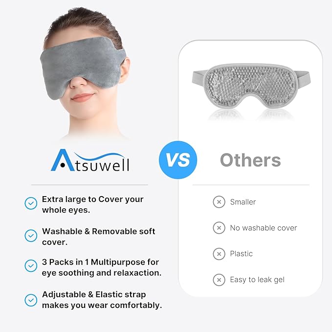 Atsuwell Cooling Eye Mask, Reusable Cold Sleep Eye Compress and Moist Heat for Eye Relaxing, Multipurpose Eye Bag for Dry Eyes with Microwavable Flaxseed Pad, Cold Gel Pad and Silky Cotton Insert-Velvo Beauty