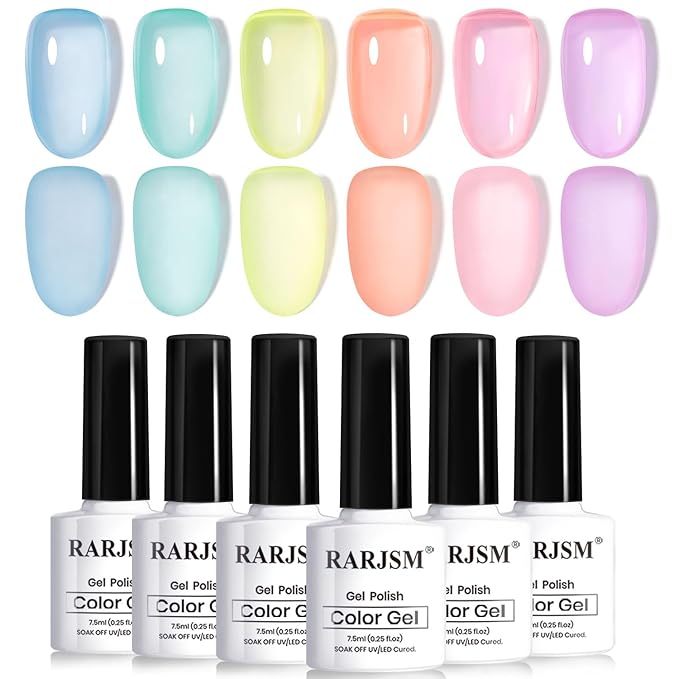 RARJSM Pastel Stained Glass Gel Nail Polish Set 6pcs Clear Orange Yellow Blue Pink Purple Crytal Transparent Jelly Series Sheer Amber Gel Varnish LED UV Curing Requires Spring Easter French Manicure-Velvo Beauty