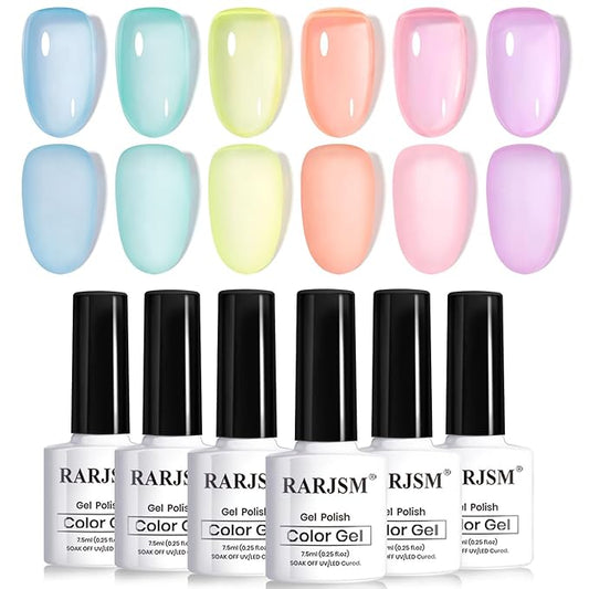 RARJSM Pastel Stained Glass Gel Nail Polish Set 6pcs Clear Orange Yellow Blue Pink Purple Crytal Transparent Jelly Series Sheer Amber Gel Varnish LED UV Curing Requires Spring Easter French Manicure-Velvo Beauty