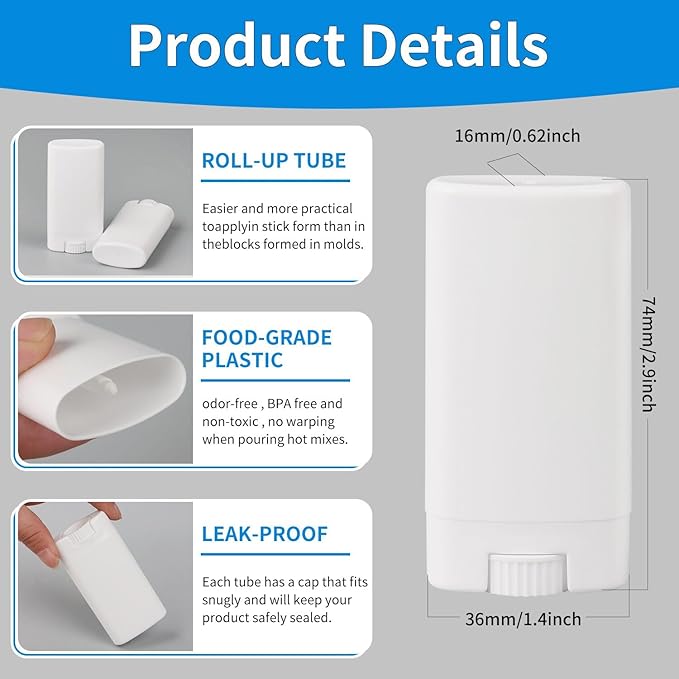 Empty Oval Deodorant Lip Lipstick Balm Tubes Containers Plastic (20-Pack) (15ml, white)-Velvo Beauty