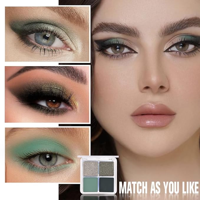 4 Colors Matcha Green Eye Shadow Powder Palette Makeup, Highly Pigmented Waterproof Matte Shimmer Quad Eyeshadow Palette for Women, paleta de sombras de ojos, Blendable, Vegan 12-Velvo Beauty