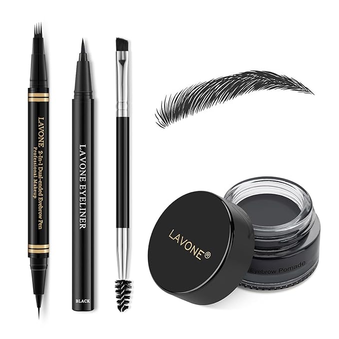 Makeup Kit with 4 Tip Waterproof Microblading Eyebrow Pencil, Eyeliner, Pomade and Dual-ended Eyebrow Brush - Black-Velvo Beauty