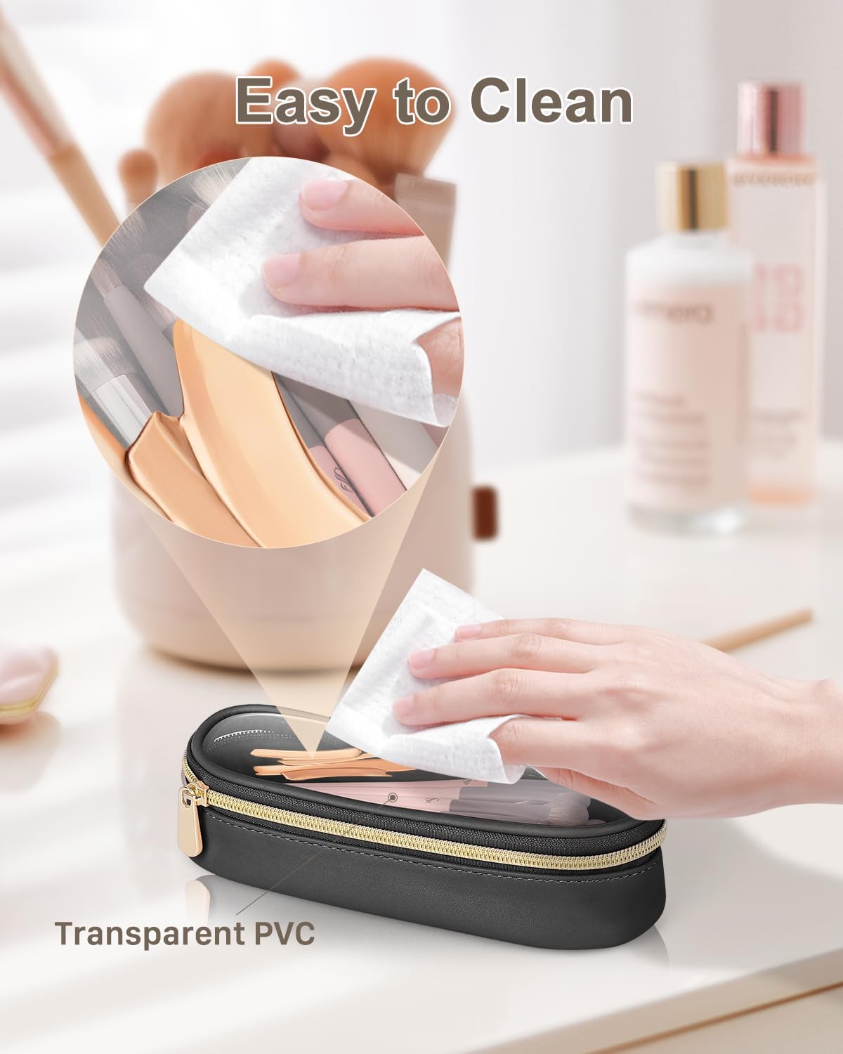 Clear Travel Makeup Brush Holder, Leather Makeup Brush Toiletry Bag, Portable Cosmetic Brush Case, Transparent Waterproof Makeup Brush Storage Bag, Black-Velvo Beauty