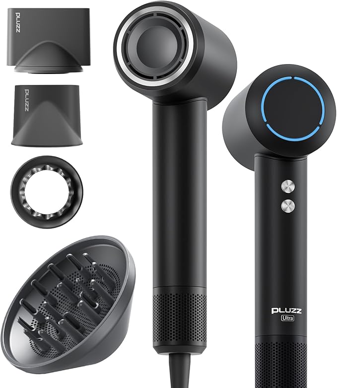 PLUZZ Professional Hair Dryer with Diffuser for Curly Hair, 400M Negative Ionic Blow Dryer for Fast Drying, 120,000 RPM High-Speed Brushless Motor, Low Noise Lightweight, Travel-Friendly, Women & Men-Velvo Beauty