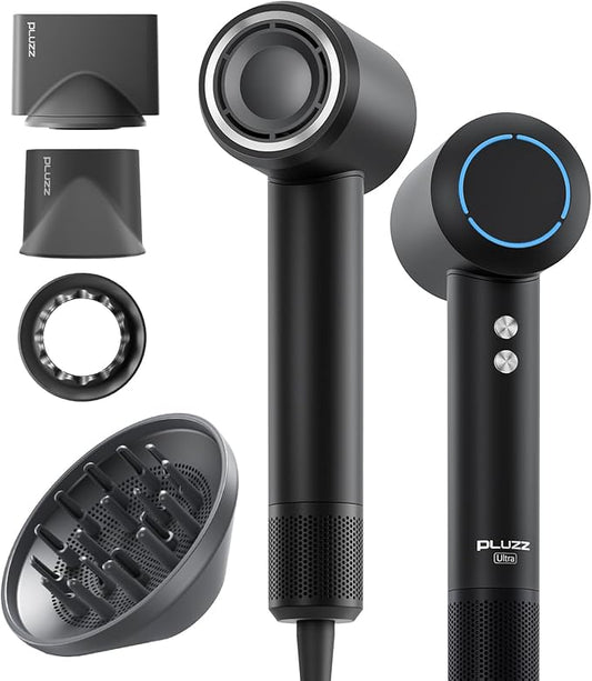 PLUZZ Professional Hair Dryer with Diffuser for Curly Hair, 400M Negative Ionic Blow Dryer for Fast Drying, 120,000 RPM High-Speed Brushless Motor, Low Noise Lightweight, Travel-Friendly, Women & Men-Velvo Beauty