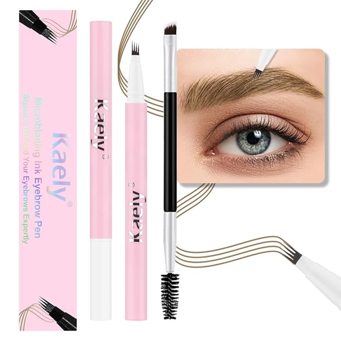 evpct 2Pcs Brown Magic Microblading Eyebrow Contouring Pen Brow Pencil, with 4 Brush Micro-Fork-Tips Precise Applicator, with Dual-ended Eyebrow Brush, Hair Like Strokes, Natural Looking Brows-Velvo Beauty