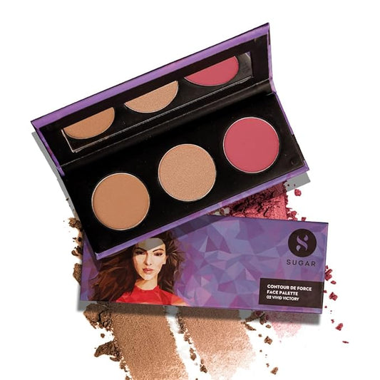 SUGAR Cosmetics Contour De Force Face Palette - 02 Vivid Victory Longlasting Formula, Lightweight Blush, Highlighter And Bronzer, Paraben Free.-Velvo Beauty