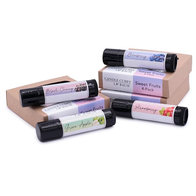 Lip Balm Sweet Fruits 4-Pack, Strawberry Blueberry Black Cherry Green Apple, Natural Beeswax, Moisturizing Lip Treatment, 4 Tubes, 0.15 oz., White-Velvo Beauty