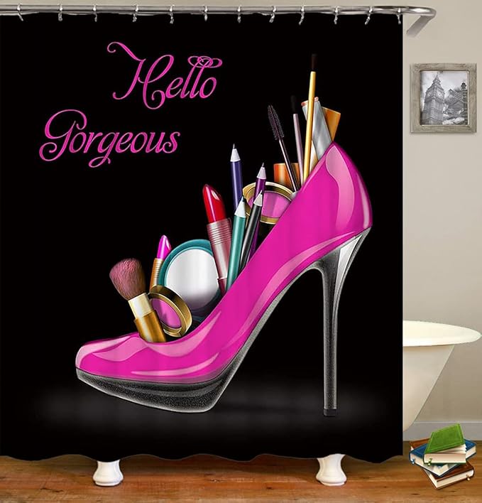 4PCS Hello Gorgeous Shower Curtain Set, Hot Pink High Heels Lipstick Makeup Fashion Girls Women Bathroom Decor, Waterproof Fabric Black Shower Curtain, Non-Slip Bath Mat Toilet Rug, Hot Pink-Velvo Beauty