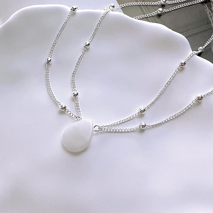 Layered Teardrop Pendant Necklace Teardrop Natural Stone Necklace Teardrop Gemstone Necklace Chain White Teardrop Necklace Choker Gold Satellite Chain Necklace Jewelry for Women and Girls-Velvo Beauty