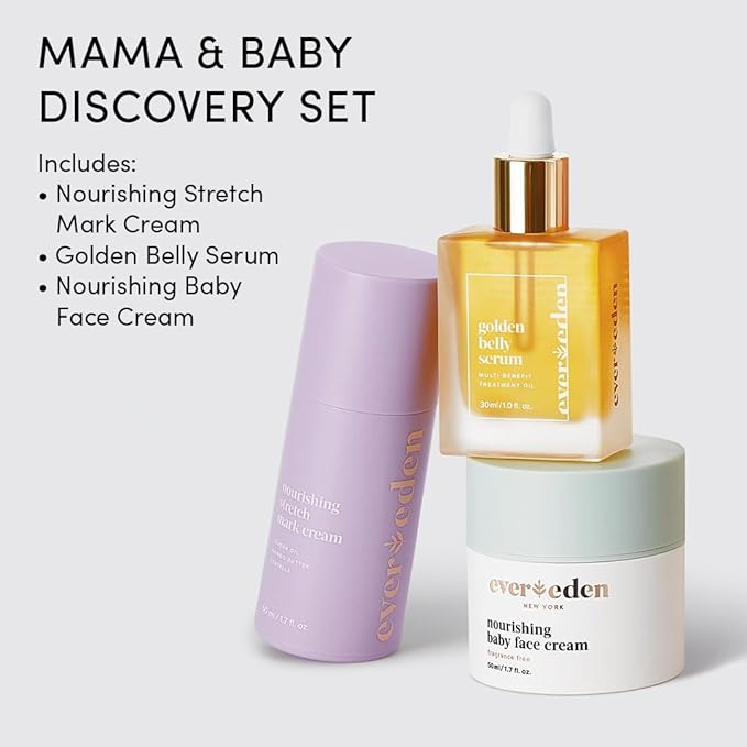 Evereden Mama & Baby Discovery Set - Dermatologist-Developed Clean & Vegan Maternity Skin Care Bundle - Stretch Mark Cream, Belly Serum, & Nourishing Baby Face Cream - Postpartum Gifts for New Mom-Velvo Beauty