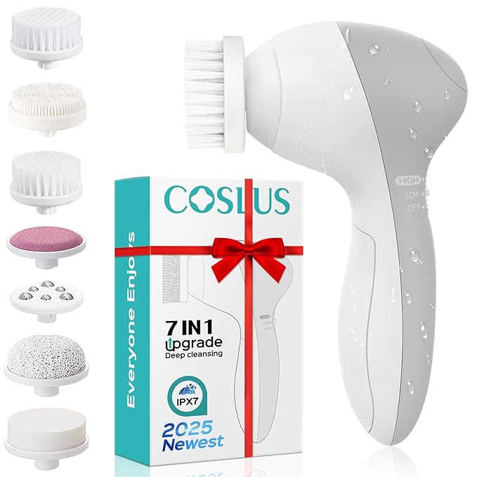 COSLUS Facial Cleansing Brush Silicone Face Scrubber: 7 in 1 FBS-D Electric Exfoliating Rotating Massage Device Waterproof Deep Cleaning Exfoliation Spa Machine - Electronic Skin Care Wash System-Velvo Beauty