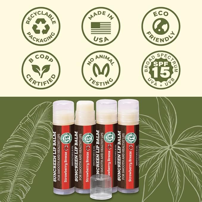 SPF Lip Balm 4-Pack by Earth's Daughter - Lip Sunscreen, SPF 15, Organic Ingredients, Strawberry Flavor, Beeswax, Coconut Oil, Vitamin E - Hypoallergenic, Paraben Free, Gluten Free-Velvo Beauty