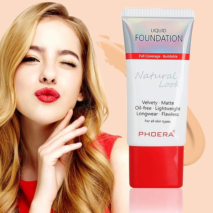 AQUAPURITY PHOERA Full Coverage Foundation New Formula Waterproof Long Lasting Oil Free Velvet Matte Liquid Foundation for Oily Skin Flawless Makeup Base Cream Concealer (104A Natural Beige)-Velvo Beauty
