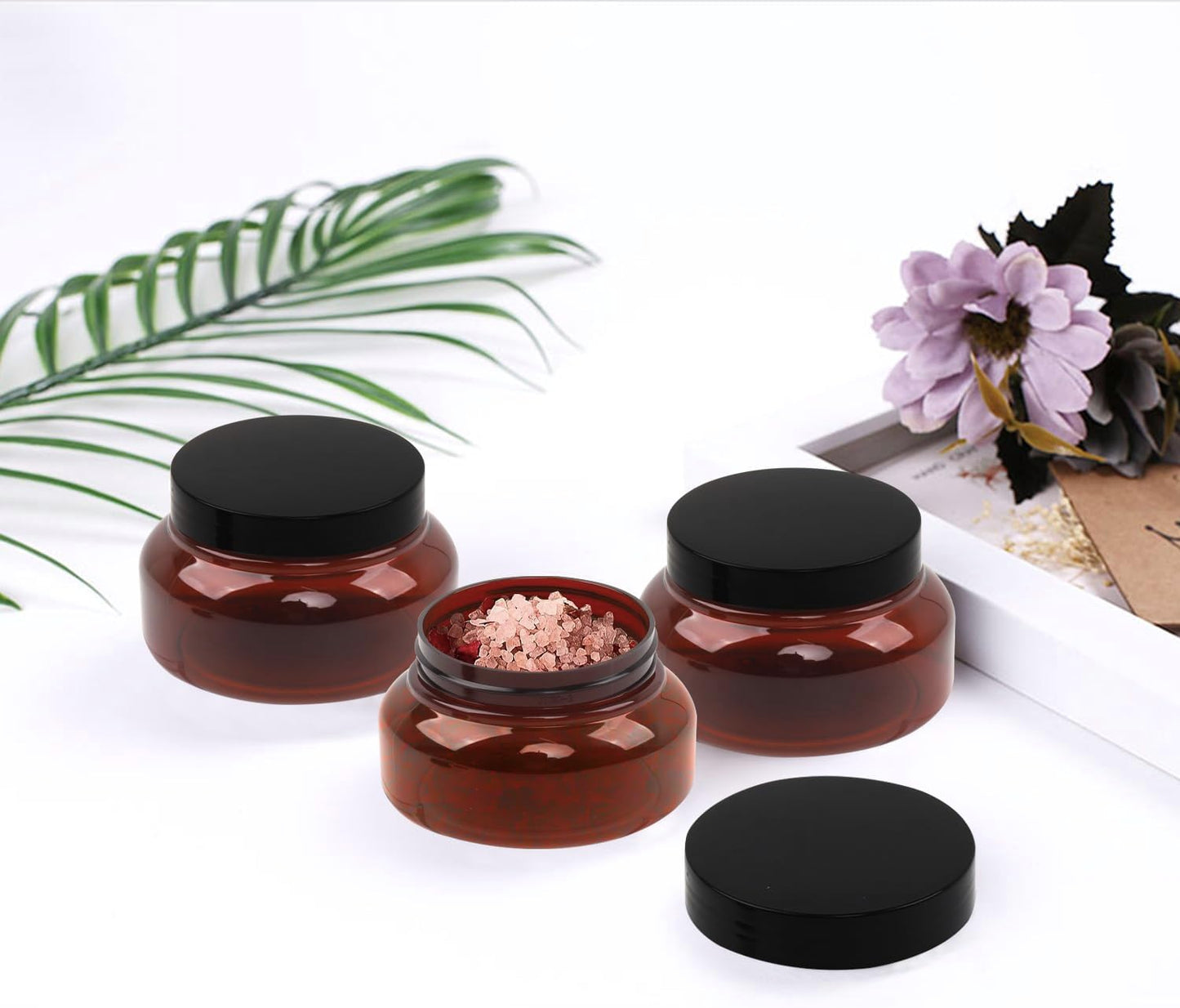 Amber Plastic Jars with Lids, 12 Pack Brown Body Scrub Jars Empty Refillable Containers Round Low Profile Samples Jars for Lotion, Body Butter, Sugar Scrub, Cream (7 OZ)-Velvo Beauty