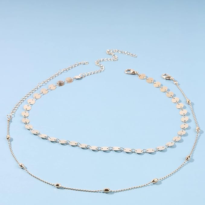 Boho Layered Satellite Disc Choker Necklace Gold Sequin Disc Chain Necklace Vintage Double Layer Necklace Short Collarbone Necklace Chain Jewelry for Women and Girls Gift-Velvo Beauty
