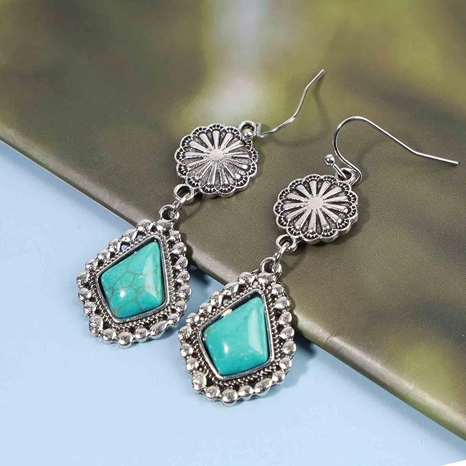 Boho Oval Turquoise Earrings Silver Circle Dangle Drop Earrings Vintage Flower Earrings Tribal Earrings Jewelry for Women and Girls-Velvo Beauty