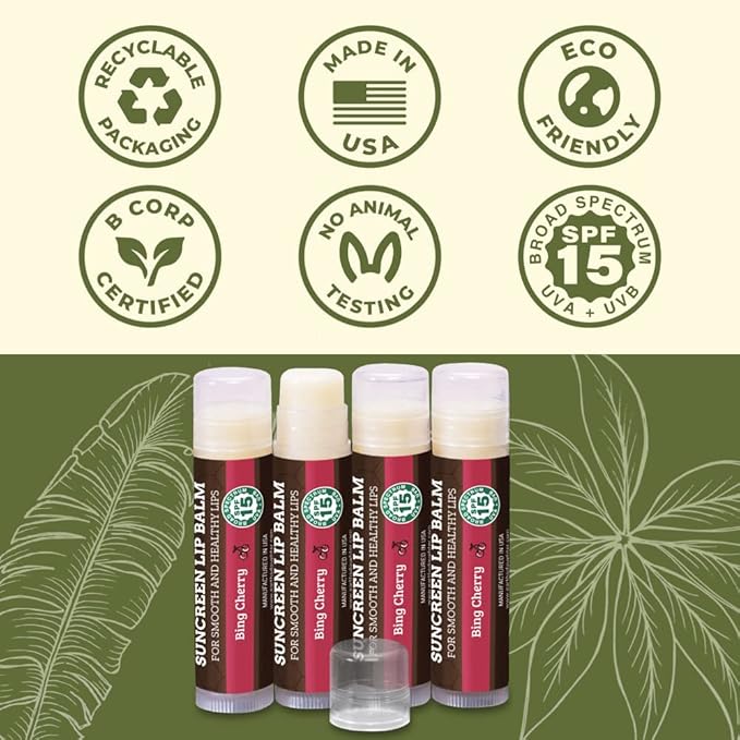 SPF Lip Balm 4-Pack by Earth's Daughter - Lip Sunscreen, SPF 15, Organic Ingredients, Cherry Flavor, Beeswax, Coconut Oil, Vitamin E - Hypoallergenic, Paraben Free, Gluten Free-Velvo Beauty