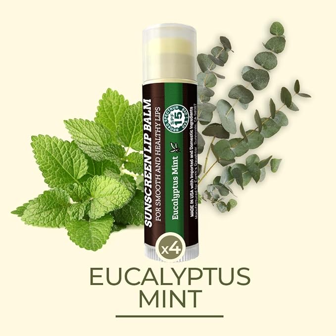 SPF Lip Balm 4-Pack by Earth's Daughter - Lip Sunscreen, SPF 15, Organic Ingredients, Eucalyptus Mint Flavor, Beeswax, Coconut Oil, Vitamin E - Hypoallergenic, Paraben Free, Gluten Free-Velvo Beauty